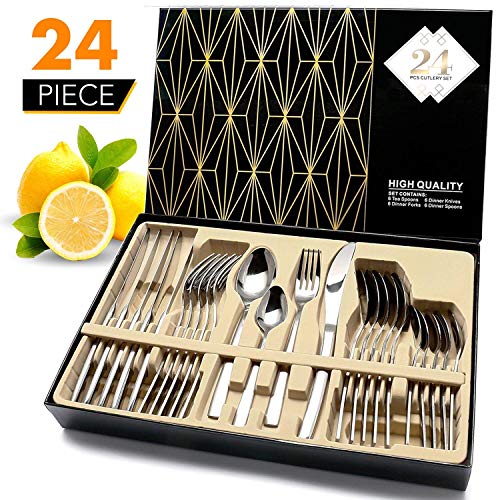 Silverware Set, HOBO 24-Piece Stainless Steel Flatware Cutlery Set, Service for 6, Include Knife/Fork/Spoon/Teaspoon, Mirror Finish, Smooth Edge,with GIft Box