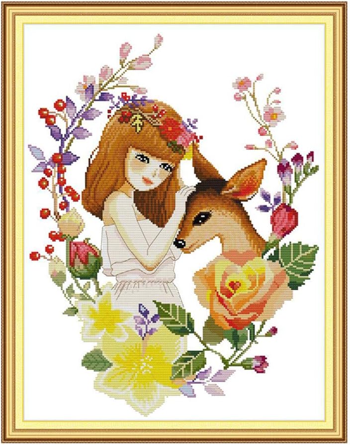 Full Range of Stamped Cross Stitch Kits, 100% Cotton DIY Embroidery Starter Kits DIY Needlework for Beginners Kids Adults - Girl and Deer (White 14CT) 15.4''X 19.3''