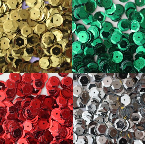 Sequin Christmas Pack ~ 8mm cup facet loose sequins : Red Green Silver Gold ~ Xmas ~ For embroidery, costumes, applique, arts, crafts, and embellishment. Made in USA