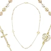 J&H DiaJuvelo 18k Gold Rosary 20 Inch Necklace for Women, Virgin Mary Miraculous Jewelry, Catolicos Long Cross Pendant, Dainty Crucifix Religious Rosarios Beads Trendy Gifts