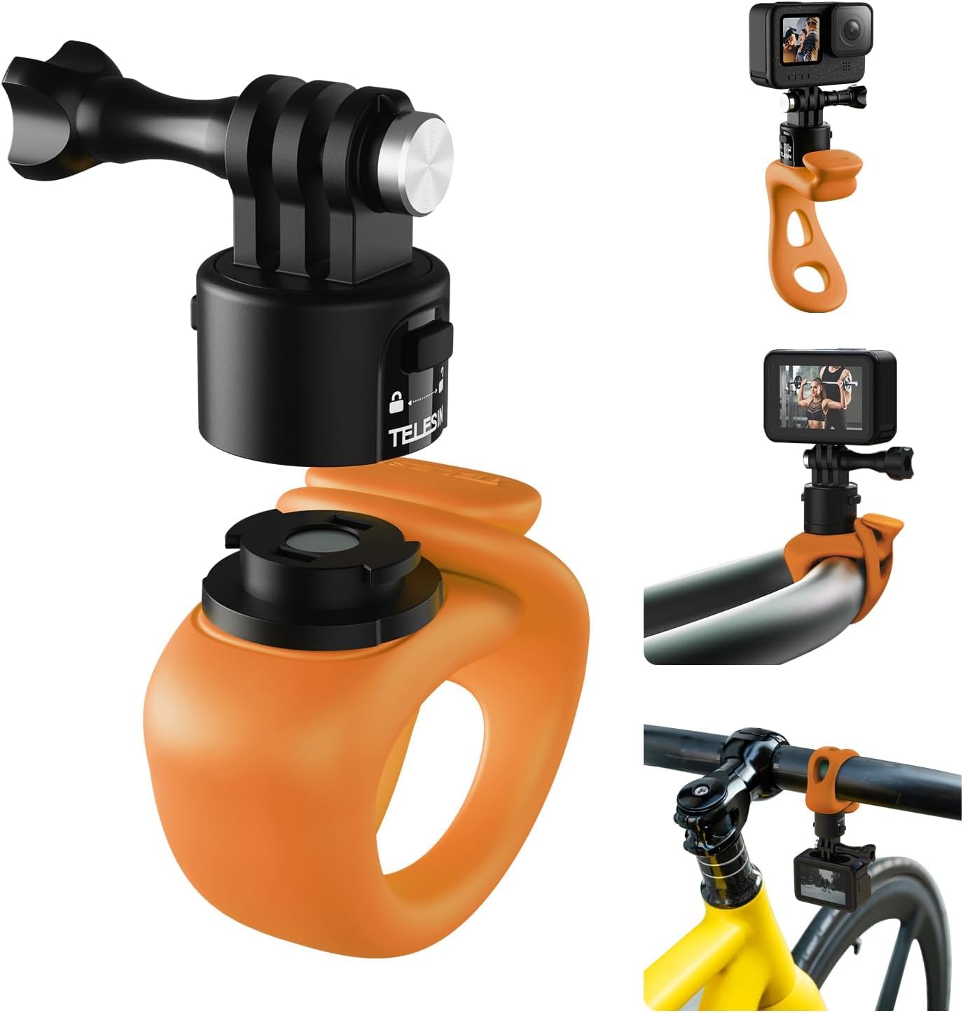 TELESIN Quick Release Flexible Mount Wrap Band, Bike Handlebar Roll Bar Tube Stick Pole Mounting Accessories For GoPro Action Cameras Insta360 Ace Pro DJI Action Camera Mount (Orange, Quick Release)