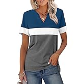 JDWZSI Women's V Neck Short Sleeve Shirts Casual Color Block Tops Summer Basic Tees Fashion Clothes Outfits