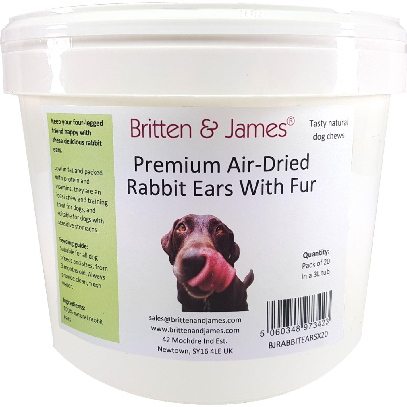 Britten and James 20 Airdried Rabbit Ears with Hair for Dogs. Natural Healthy and Tasty Dog Treat Chews in a 3L Tub
