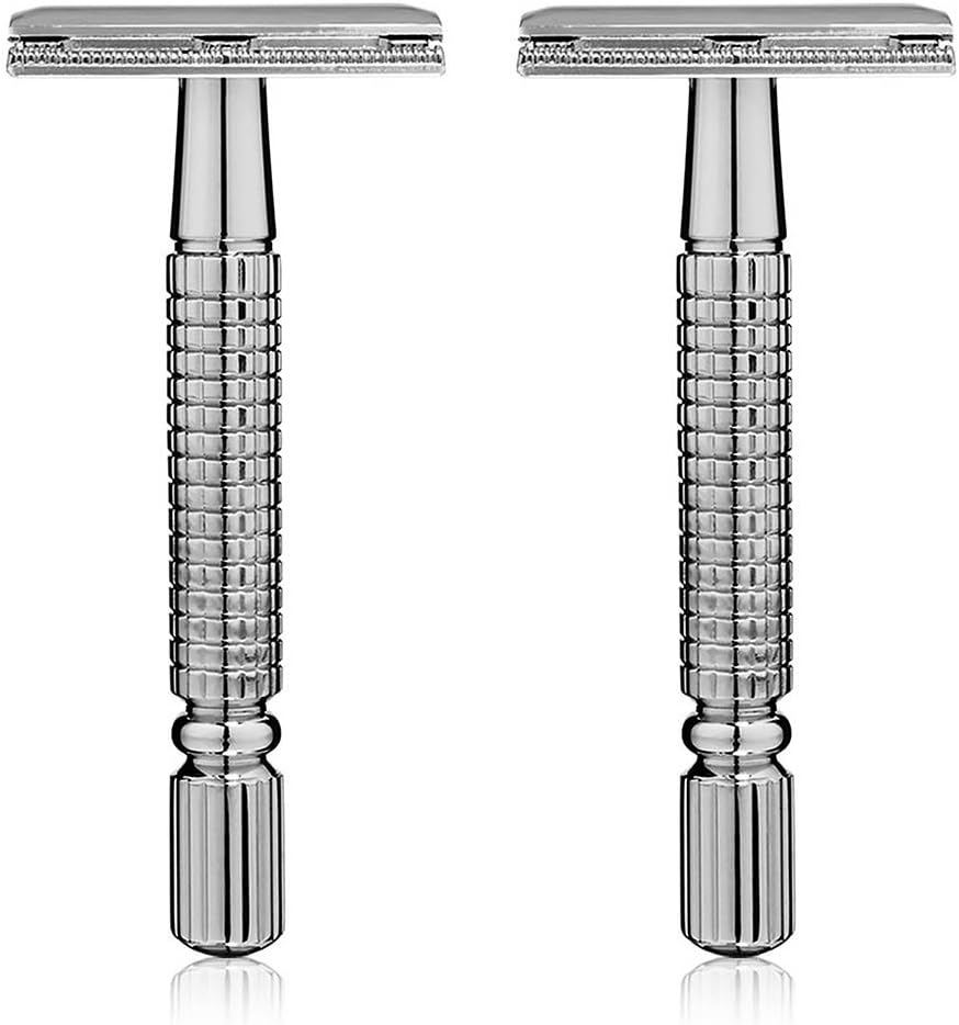 Excellent Set of 2; Straight Safety Razor Kit with Blades for Men by Drs ProChoice, Platinum Coated Long Handle Butterfly Shaving Kit. (2 Separately Boxed Units)