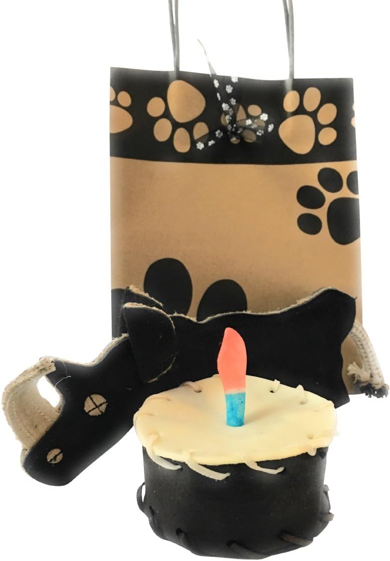 Rawhide dog cake with candle & Natural Suede Rhino ecotoy. Dog chews, Dog birthday cake, Dog birthday, Dog cake, Dog presents, rawhide chews, Dog birthday present