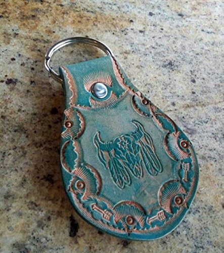 Native American skull mandela blue leather keychain
