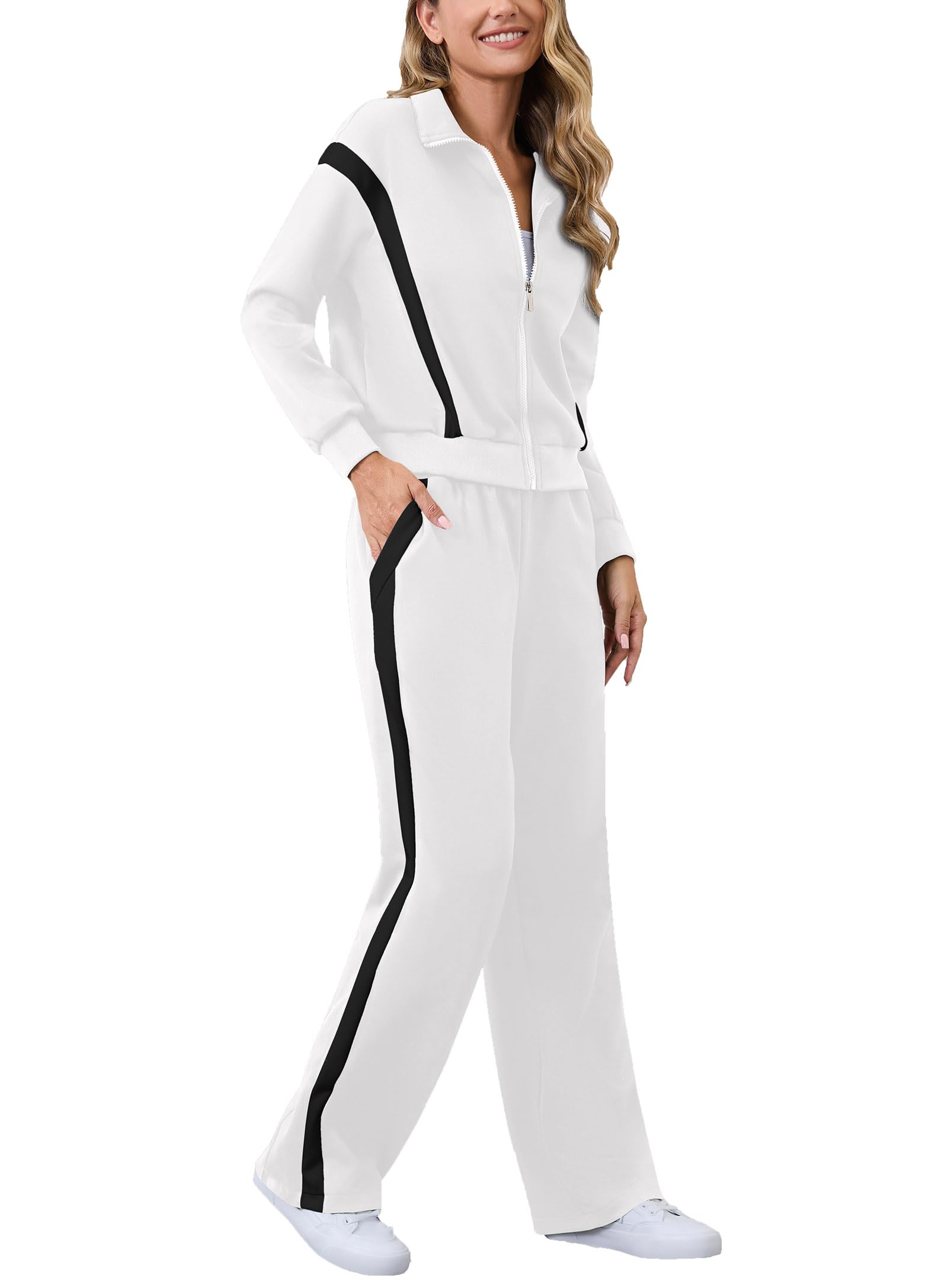 Photo 1 of Aokivvy Lounge Sets for Women Sweatsuits 2 Piece Outfits Zip Up Sweatshirt Striped Wide Leg Sweatpants Tracksuit Matching Set(White M)