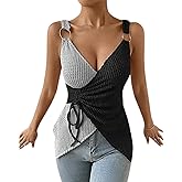 Chvity Womens Sleeveless Tops Color Block Waffle Knit Tank Tops Drawstring Asymmetrical V Neck T Shirts Slim Fit Western Tops