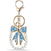 Falzqq Bow Keychain Rhinestone Bowknot Keychain Purse Charms Bag Charms Imitation Pearl Chains for Handbags Purses Backpacks Cute Keychains Accessories for Women, Blue