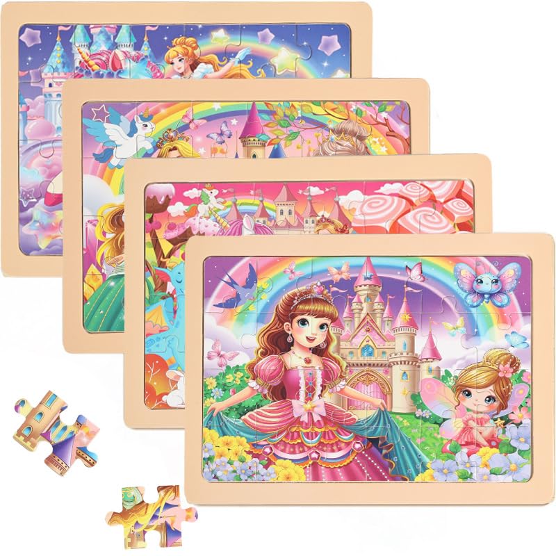 jWooden Puzzle for Kids 4-6 Years Old, 4 Pack of 24 Pieces Unicorn Princess Fairy Puzzle, Preschool Education Brain Teaser Toy for 3 4 5 6 Year Old Girls.