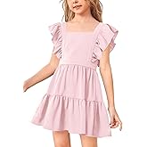 Imily Bela Girls Square Neck Summer Dress Ruffle Sleeve A-line Swing Casual Party Mini Dresses 5-14 Years