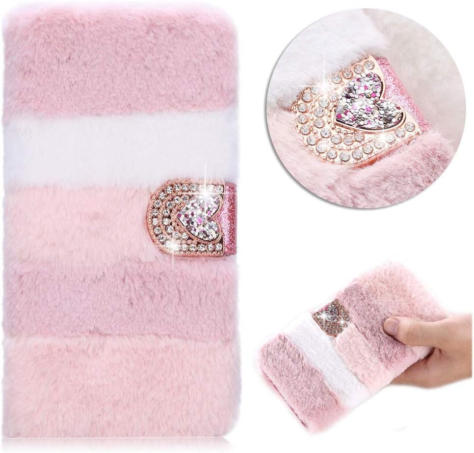 Awenroy Furry Wallet Case for Samsung Galaxy Note 8 Fluffy Handmade Hair Soft and Comfortable Plush Vogue Stylish and Bling Crystal Design Premium Leather Flip Wallet Case - Multicolor