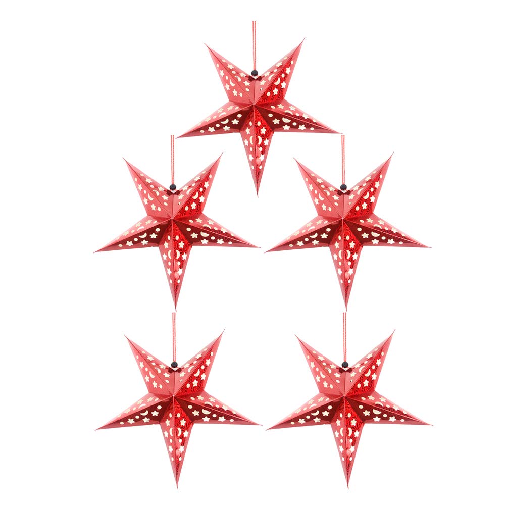 Amosfun 5pcs Paper Star Lantern Lampshade 3D Pentagram Lampshade Hanging Christmas Tree Pendant for Xmas Wedding Birthday Party Home Decor 30cm (Red)