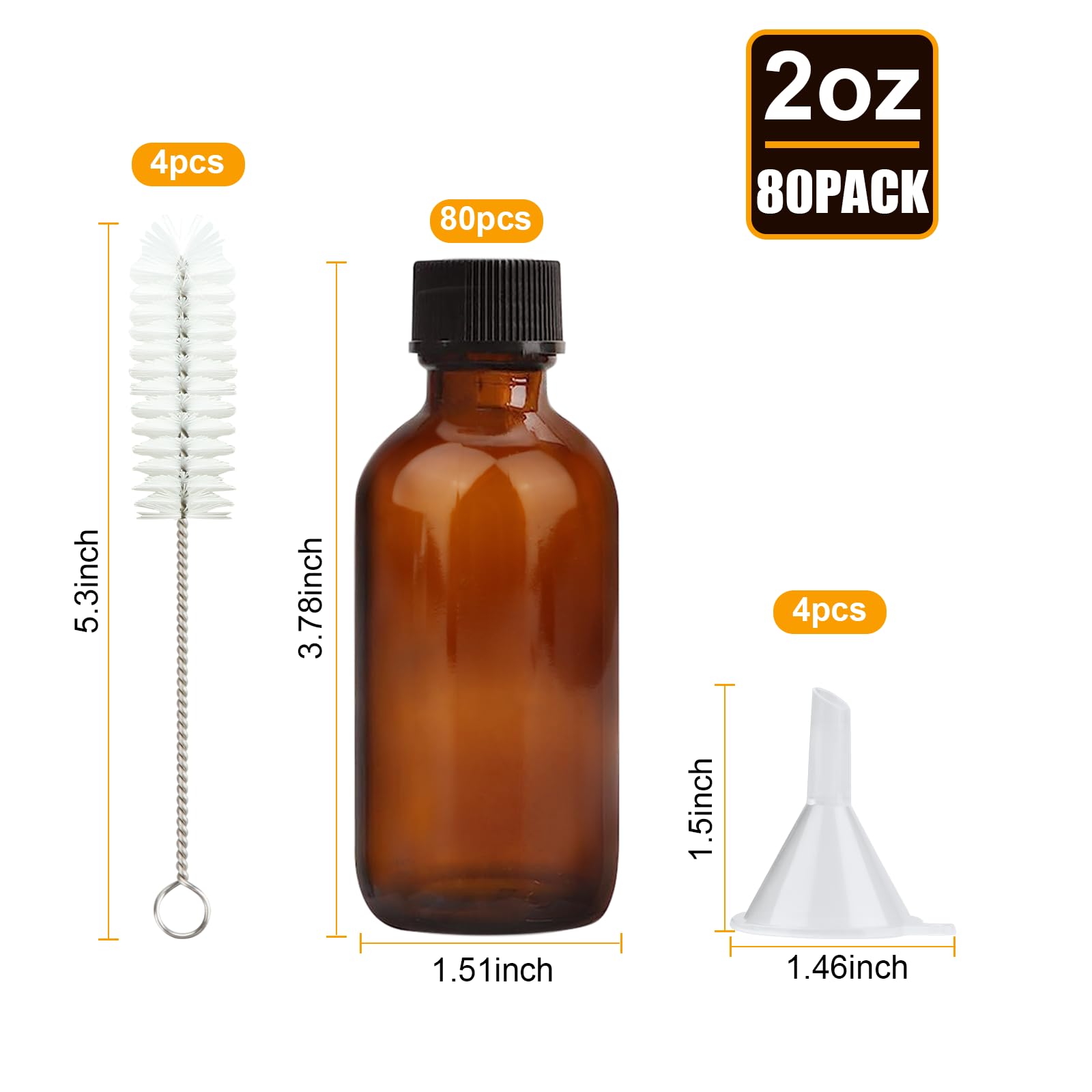 Maredash Maredash 2 oz Amber Glass Bottles, Small Boston Round Glass Bottles (80 Pack) with Leak-proof Caps, Refillable Container for Homemade Extract, Essential Oils, Herbal Medicine and More