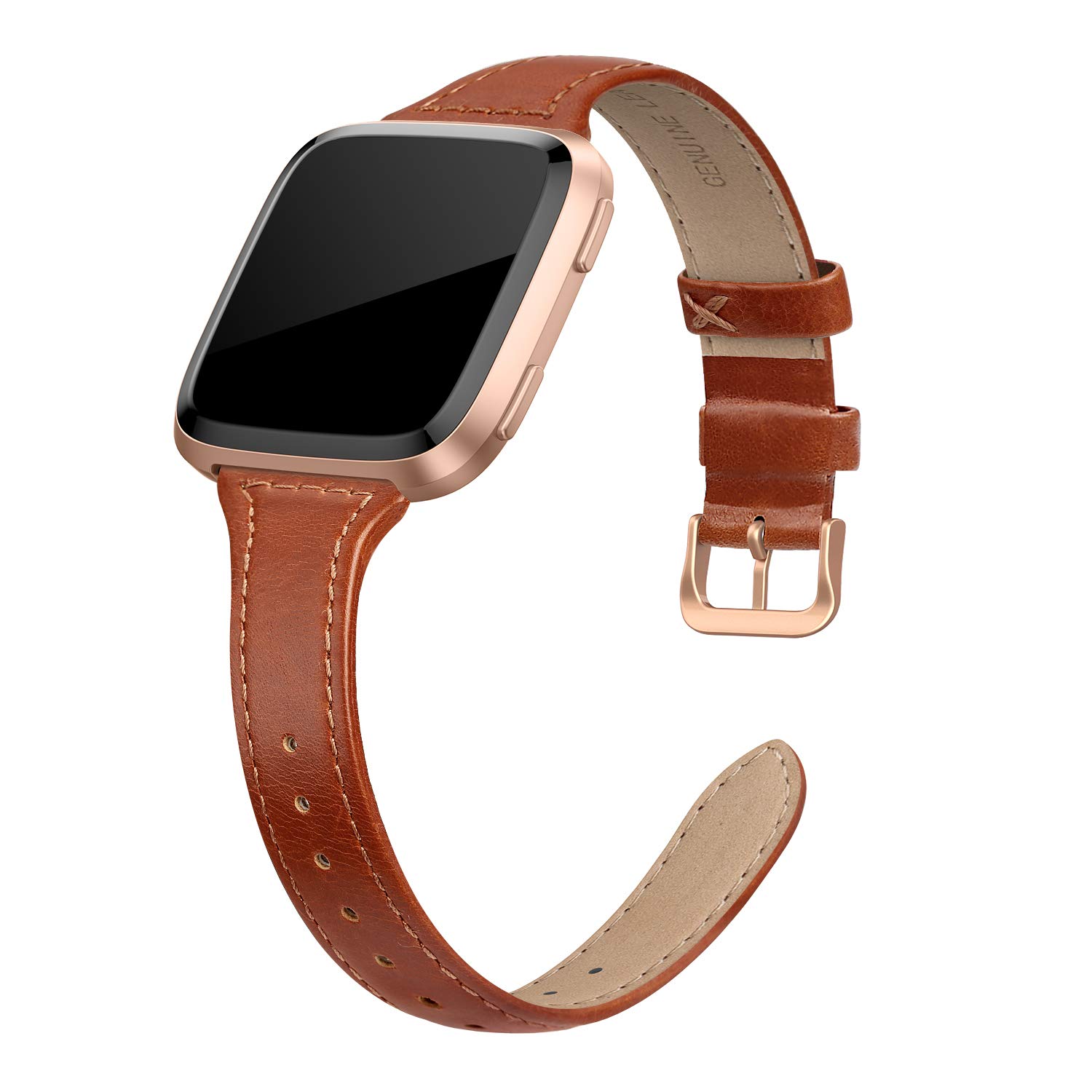 EDIMENS Genuine Leather Strap Compatible with Fitbit Versa 2 / Fitbit Versa Lite & SE/Fitbit Versa, Slim Thin Replacement Leather Strap for Versa Women Men, Black, Champagne, Rose Gold, Tan — image 1