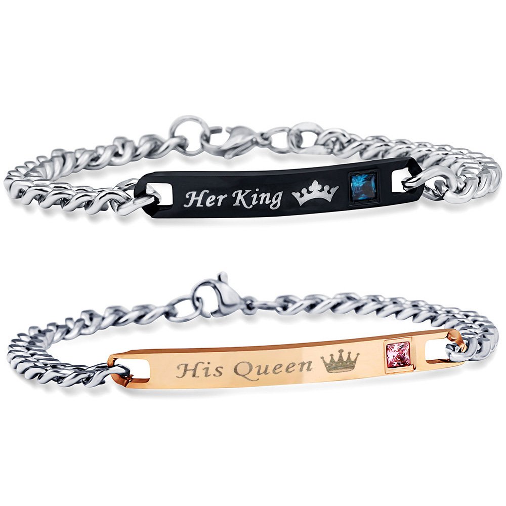 Uloveido A Pair of Titanium His Queen and Her King Couples Bracelet Stainless Steel Cuban Link Chain Bracelets Wedding Valentine's Gift for Men and Women SN116-Pair