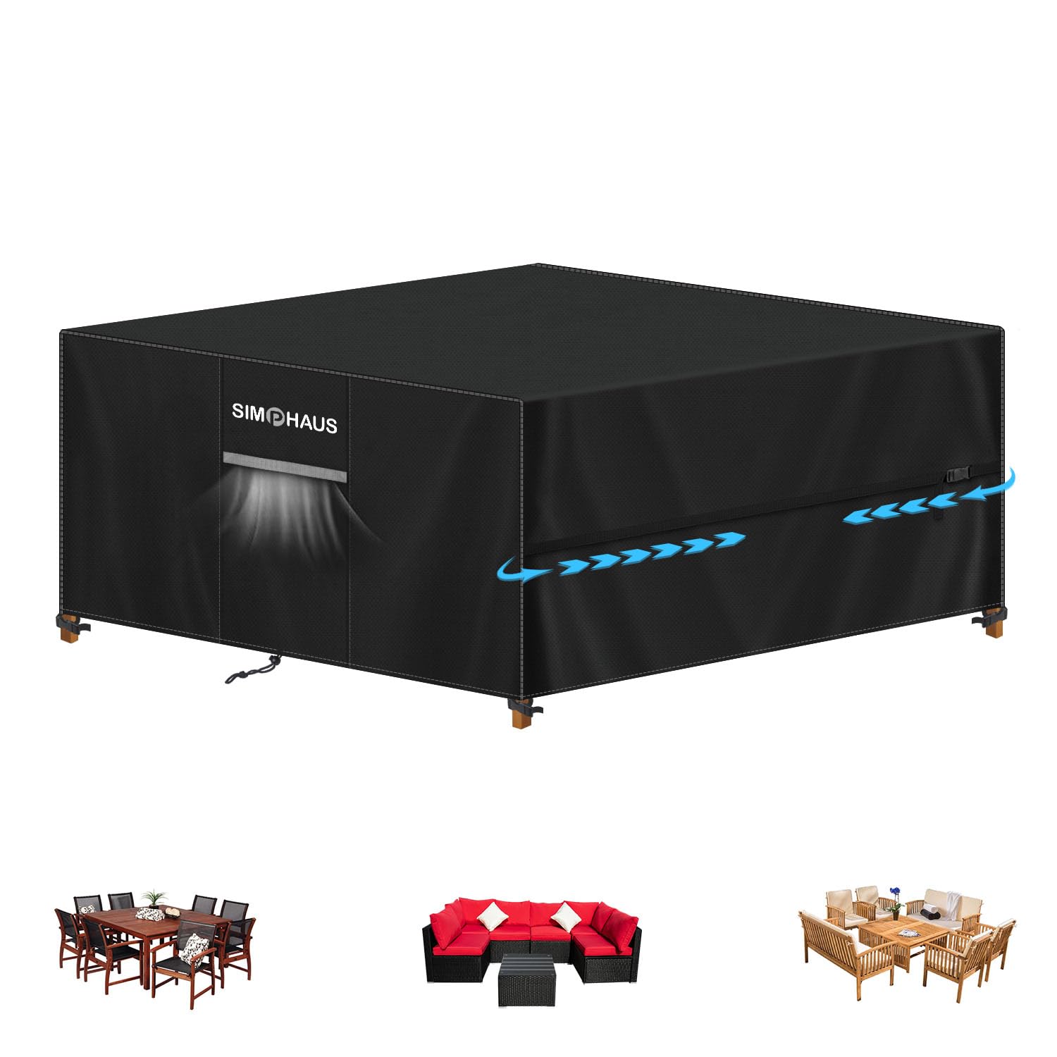 SIMPHAUS Patio Table Covers Waterproof Square Table Cover Outdoor Large Garden Furniture Covers for Winter Garden Sofa Cover Outdoor Rain Covers Windproof Sandproof 420D Oxford Fabric 220x220x90cm