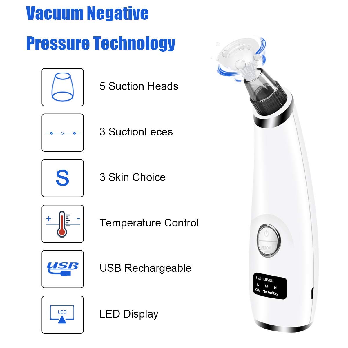 Blackhead Remover Vacuum - Ralthy Electric Blackhead Removal Tools Pore Cleaner Extractor Fast USB Rechargeable Pore Vacuum Including 4 Patterns and 5 Suction Probes for Women and Men [Hot Compress]: Beauty