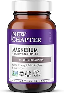 New Chapter Magnesium + Ashwagandha Supplement, 325 mg with Magnesium Glycinate for Muscle Relaxation & Recovery, Heart, Nerv