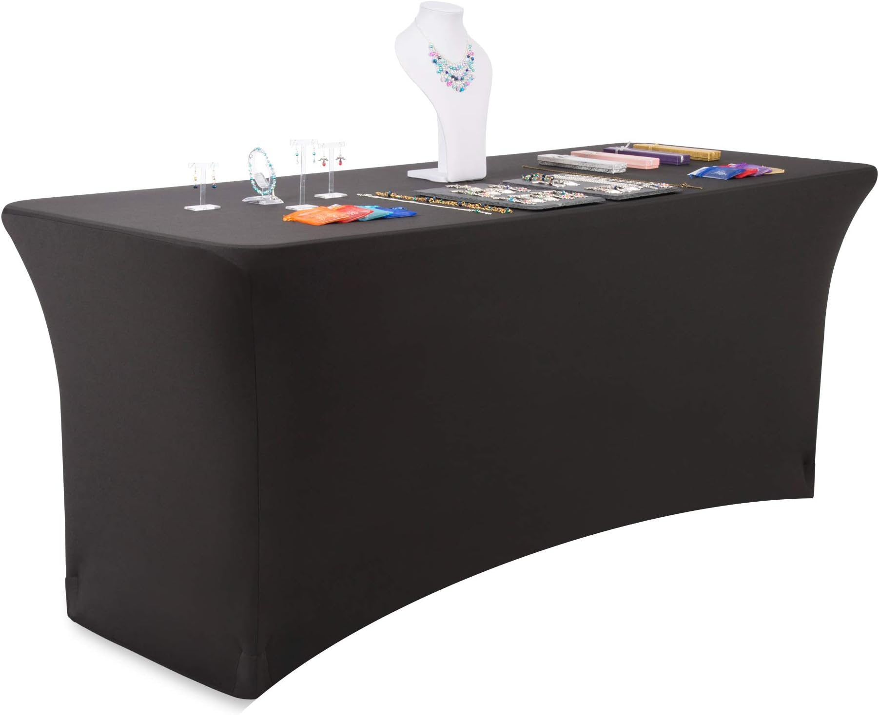 Buybility 6ft Spandex Fitted Tablecloth Premium 210 GSM Heavy Duty Weight Cover 72 x 30 Rectangular Table Black Elastic Pro 4 Way Stretch Vendor Event Trade Show Wedding Birthday Party DJ Kiosk