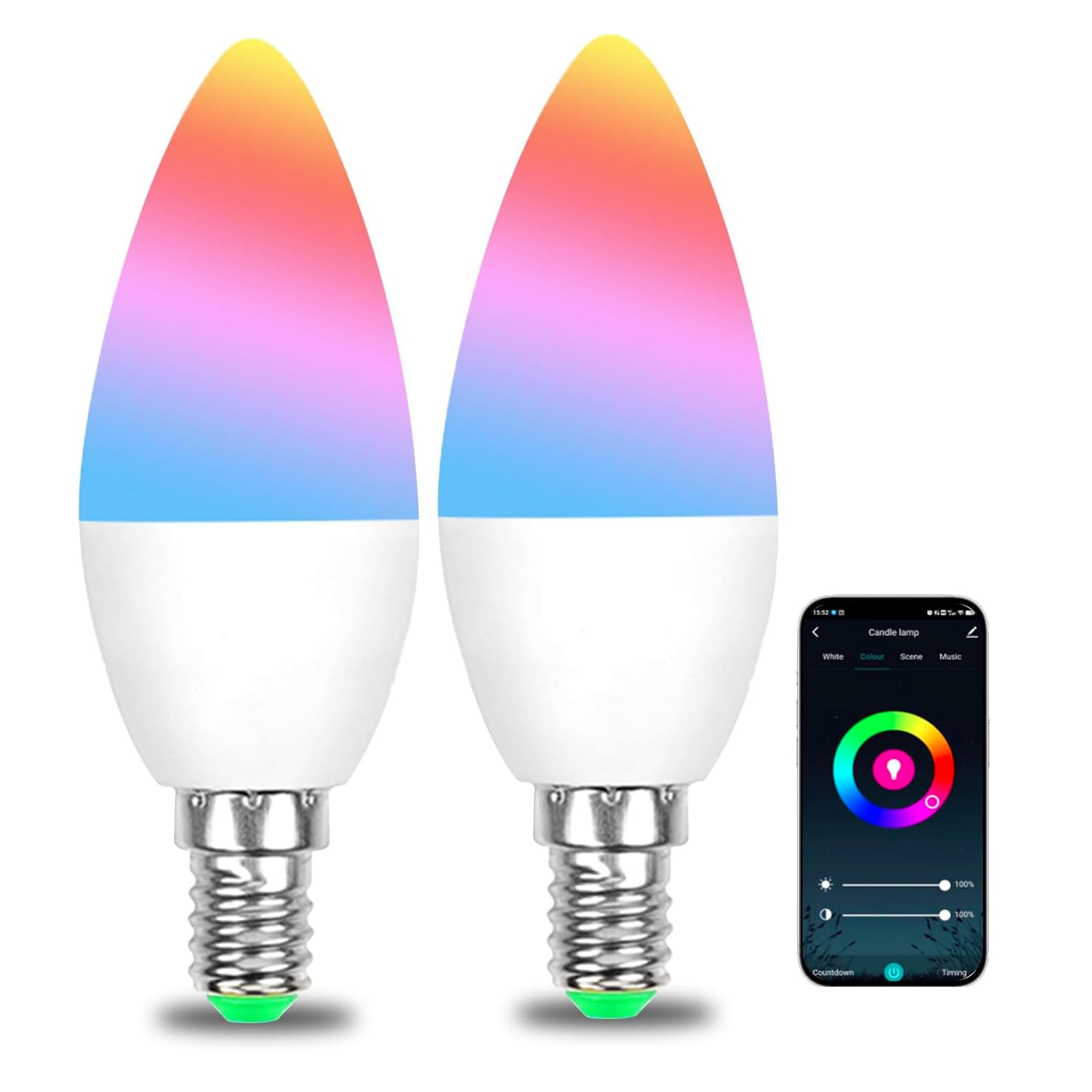 DoHome Smart Bulb E14 WiFi LED Candle Bulbs Music Sync Dimmable 2700K-6500K 5W 300LM Works with Alexa and Google Home, RGB Color Changing, No Hub Required 2 Pack