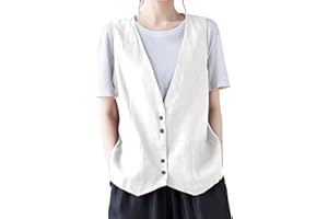 COTECRAM Womens Summer Cotton Linen Vest Top Casual Vintage Sleeveless Button Down Jacket Fashion Loose Lightweight Outerwear