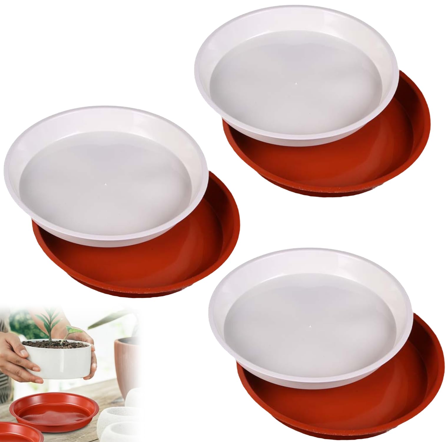 Uskerb 6 Pack Plant Saucers 20-24cm, Round Plastic Plant Pot Drip Trays, Heavy Duty Plant Plate Trays, Surface Protection for Indoor Outdoor Home Garden(White/Brown)