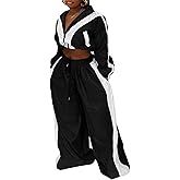 Lymeral Women Sweatsuits 2 Piece Outfit Color Block Crop Zipper Tops & Elastic Waist Wide Leg Pants Sets Streetwear Tracksuit