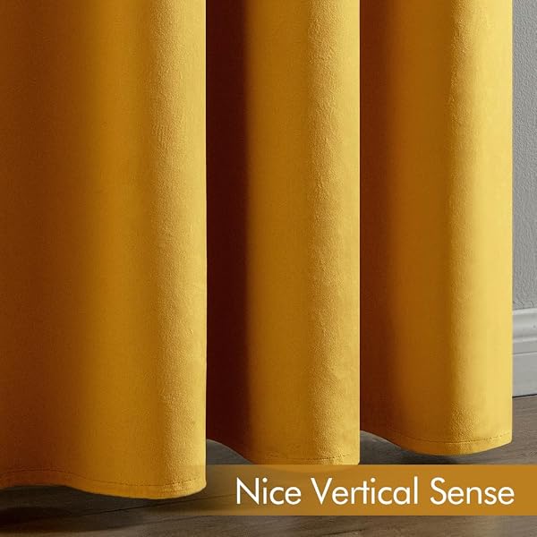 EMEMA VELVET BLACKOUT CURTAINS 96 INCHES LONG, SUPER SOFT LUXURY THERMAL INSULATED CURTAINS FOR BEDROOM, GROMMET SOUNDPROOF ELEGANT WINDOW DRAPES FOR LIVING ROOM W52 X L96 2 PANELS MUSTARD YELLOW
