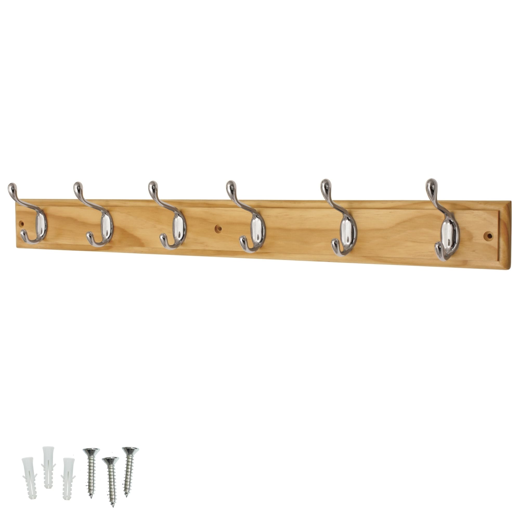 Keypak 6 Hook Pine Finish Wall Mounted Coat Rack with 6 Polished Chrome Hooks - Heavy Duty Wooden Board for Coats, Hats, Bags, Tools Space Saving Wall Storage Organiser, Fixings Included