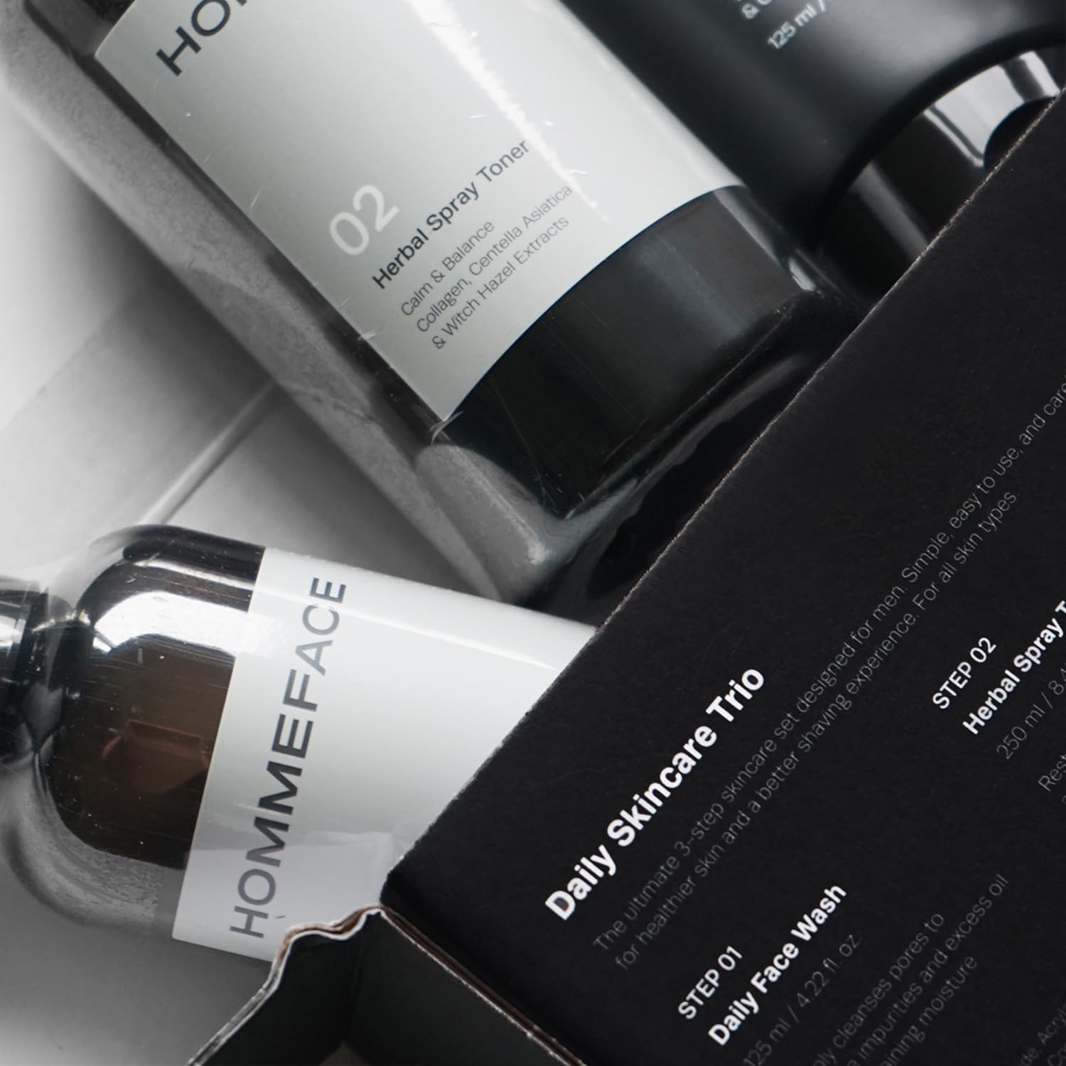 HommeFace Men’s Daily Trio 3-Step Daily Routine Set with Face Wash, Herbal Spray Toner & Moisturizer - Korean Skincare Technology with CICA, Tea Tree Leaf & Witch Hazel Extracts, for All Skin Types
