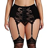 Women High-Waist Floral Lace Garter Belt Plus Size Suspender Belt Set with 6 Straps Metal Clip for Thigh Highs (No Stocking)