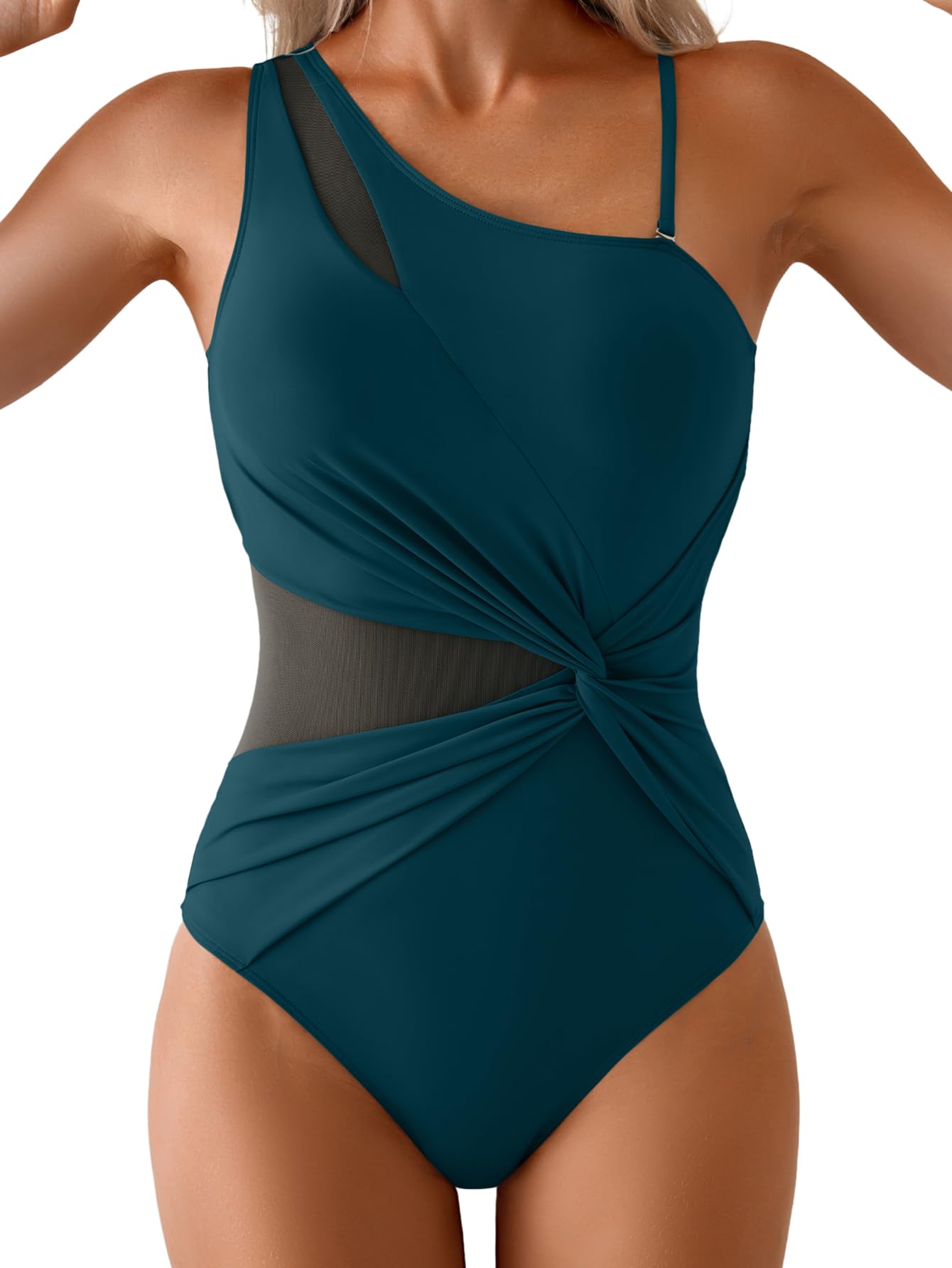 Photo 1 of (LARGE) (BAGGED) (USED/FAIR) Aidonger One Shoulder One Piece Swimsuit for Women Mesh Tummy Control Bathing Suit Twist Swimwear with Removable Strap Peacock Green
