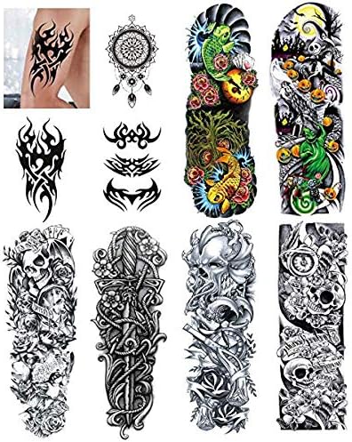 10 Sheets Temporary Tattoos - Full Arm and Half Arm Temporary Tattoos Stickers, Fake Body Arm Chest Shoulder Large Temporary Tattoos for Men Women