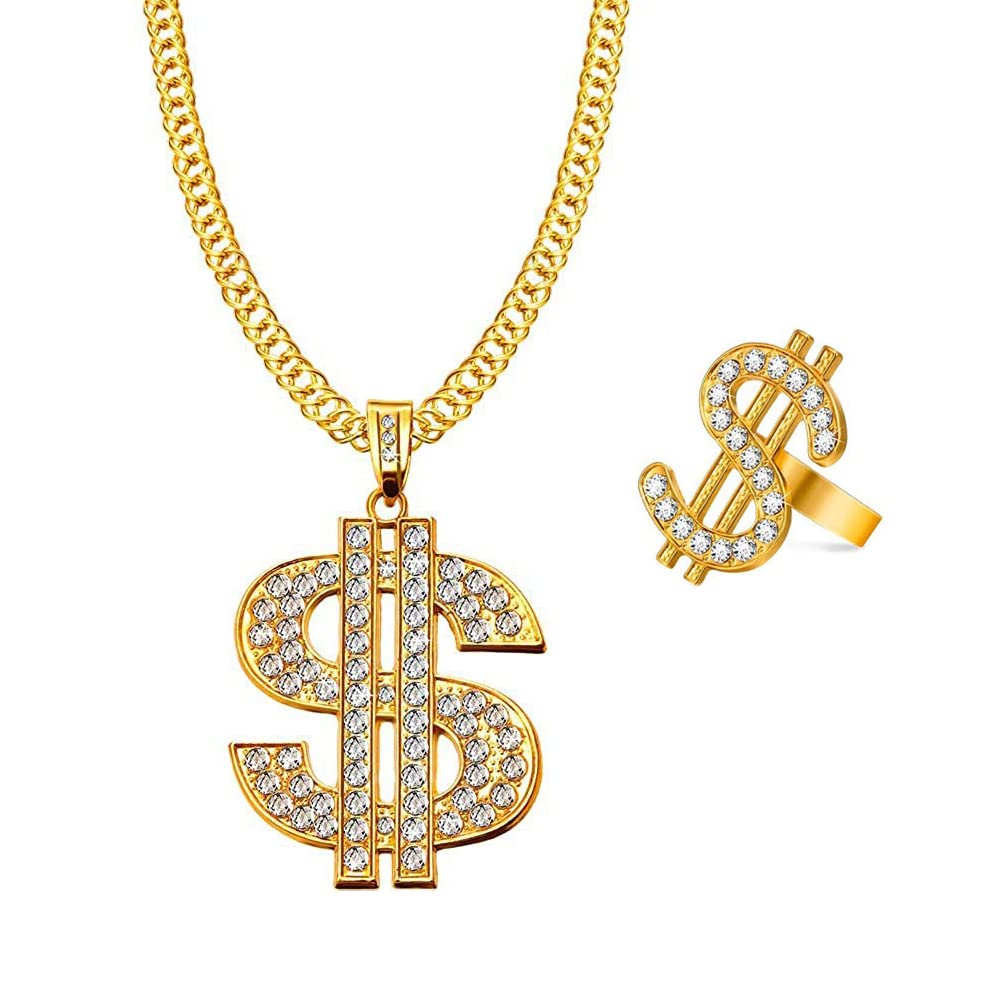 JKJF Dollar Sign Necklace Ring Set Hip Hop Dollar Necklace Rapper Gold Chain 80s 90s Costume Accessories for Men Women Cosplay Theme Party - Gold