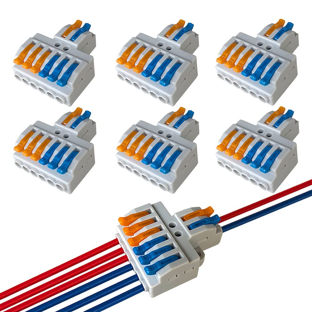 QitinDasen 6Pcs Premium Lever-Nut Wire Connectors, 2 in 6 Out Conductor Compact Wire Connectors, Splicing Type Quick Conductors Cable Clamp Terminal Block Spring Connector (KV426)