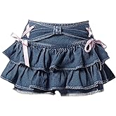 LREUIP Women's Bow Low Waist Retro Pleated Skirt with Adjustable Waist A-line mini Denim Skirt Y2K