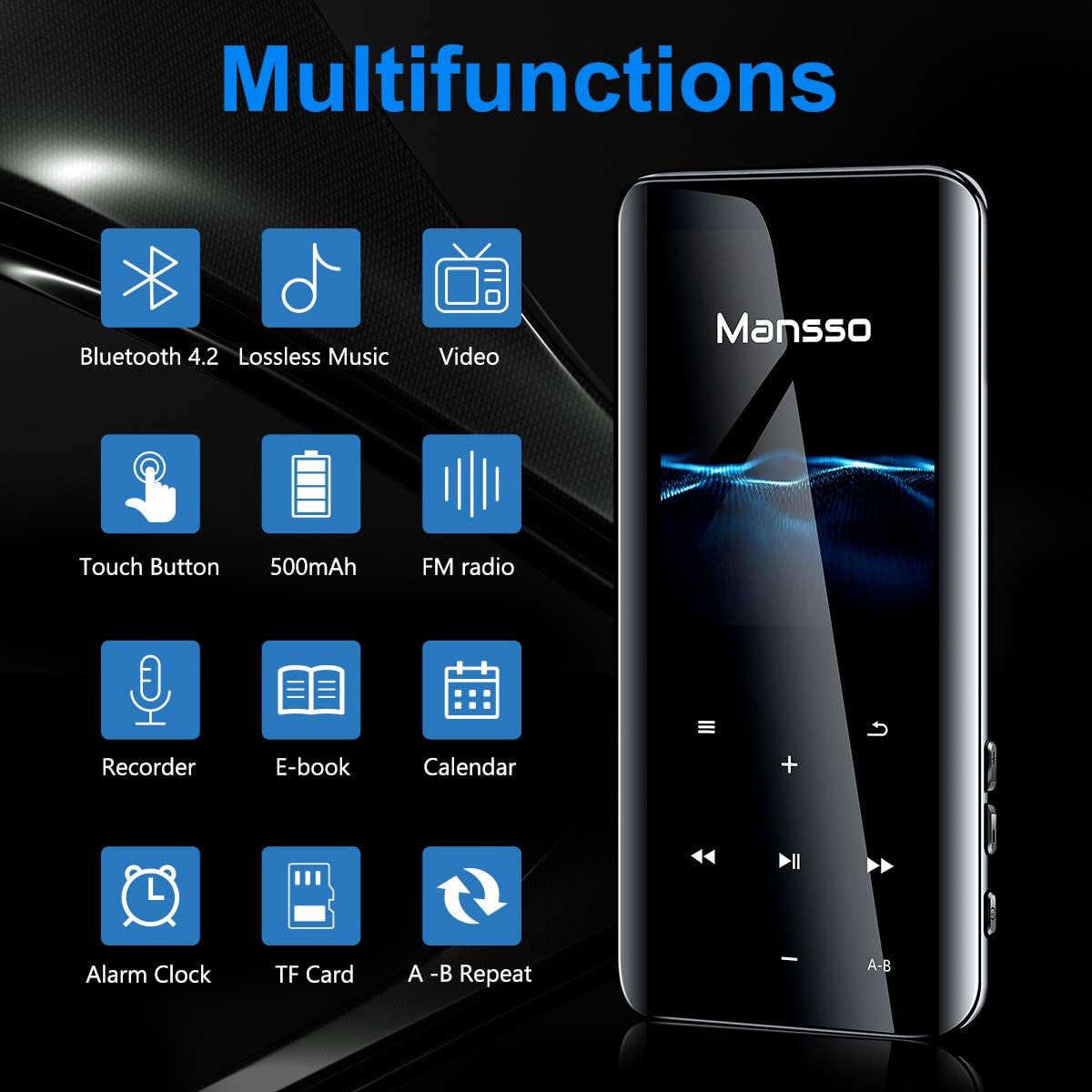 Mansso MP3 Player with Bluetooth 4.2-16GB Music MP3 Player Portable HiFi Lossless Sound Music Player with 2.4'' Curved Screen, FM Radio Voice Recorder E Book,Earphone & Armband Expandable up to 128: Home Audio & Theater
