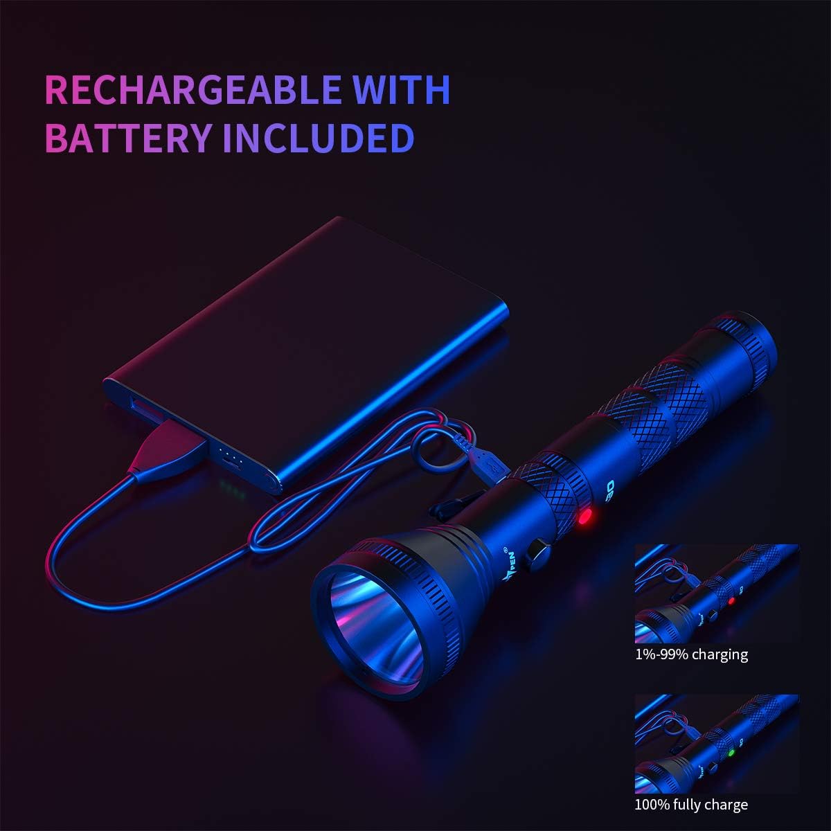 USB Rechargeable LED Flashlight (2 PACK) 1200 High Lumens Water Resistant 18650 Battery Included Handheld Tactical Flash Light for Outdoor Camping Emergency Everyday Flashlights - - 