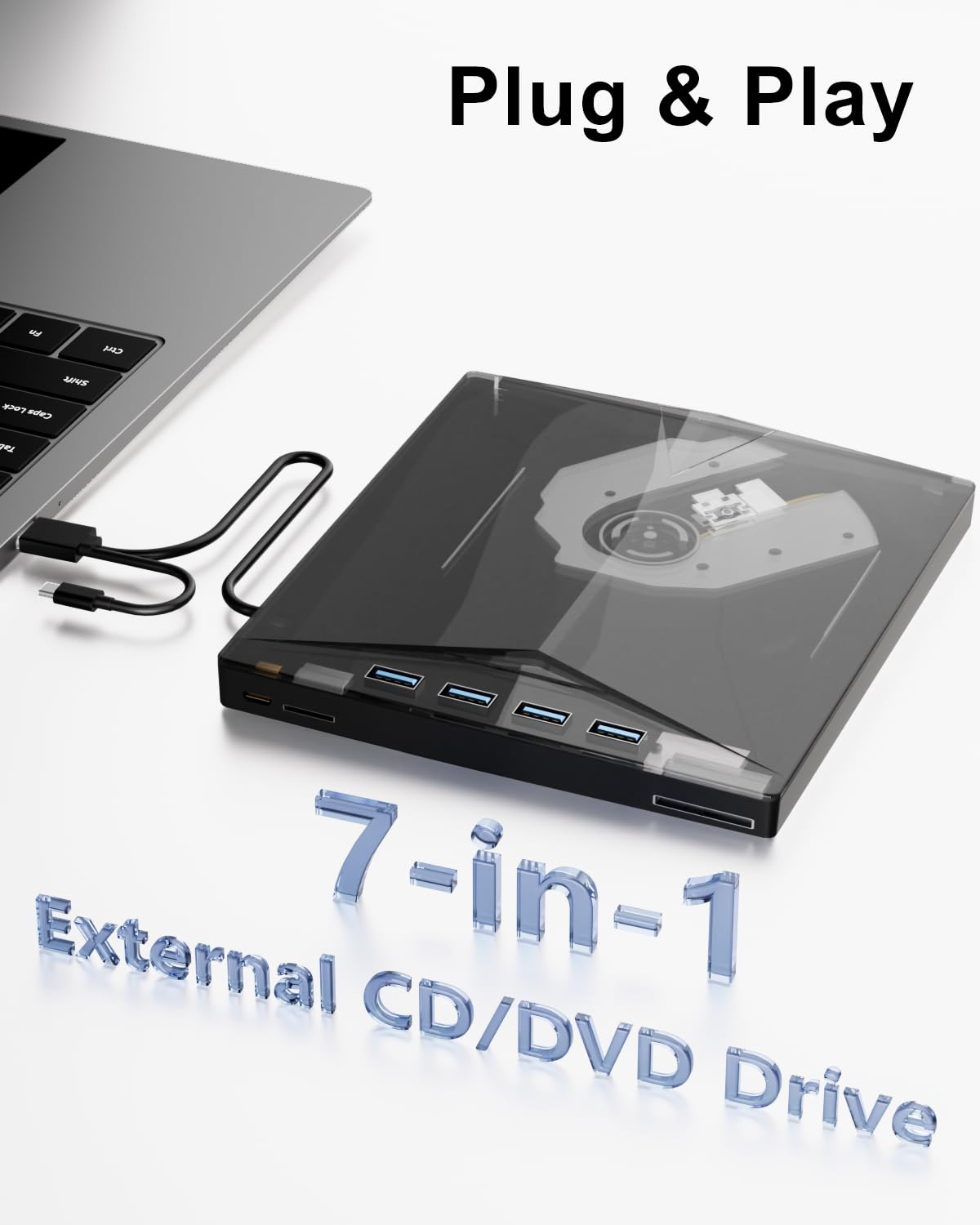 External CD/DVD Drive for Laptop, 7-in-1 External DVD Drive with 2 USB Ports, External DVD Burner with SD/TF Card Slots, CD/DVD Reader, USB 3.0 DVD Writer Compatible with Laptop, Mac, Windows, Linux