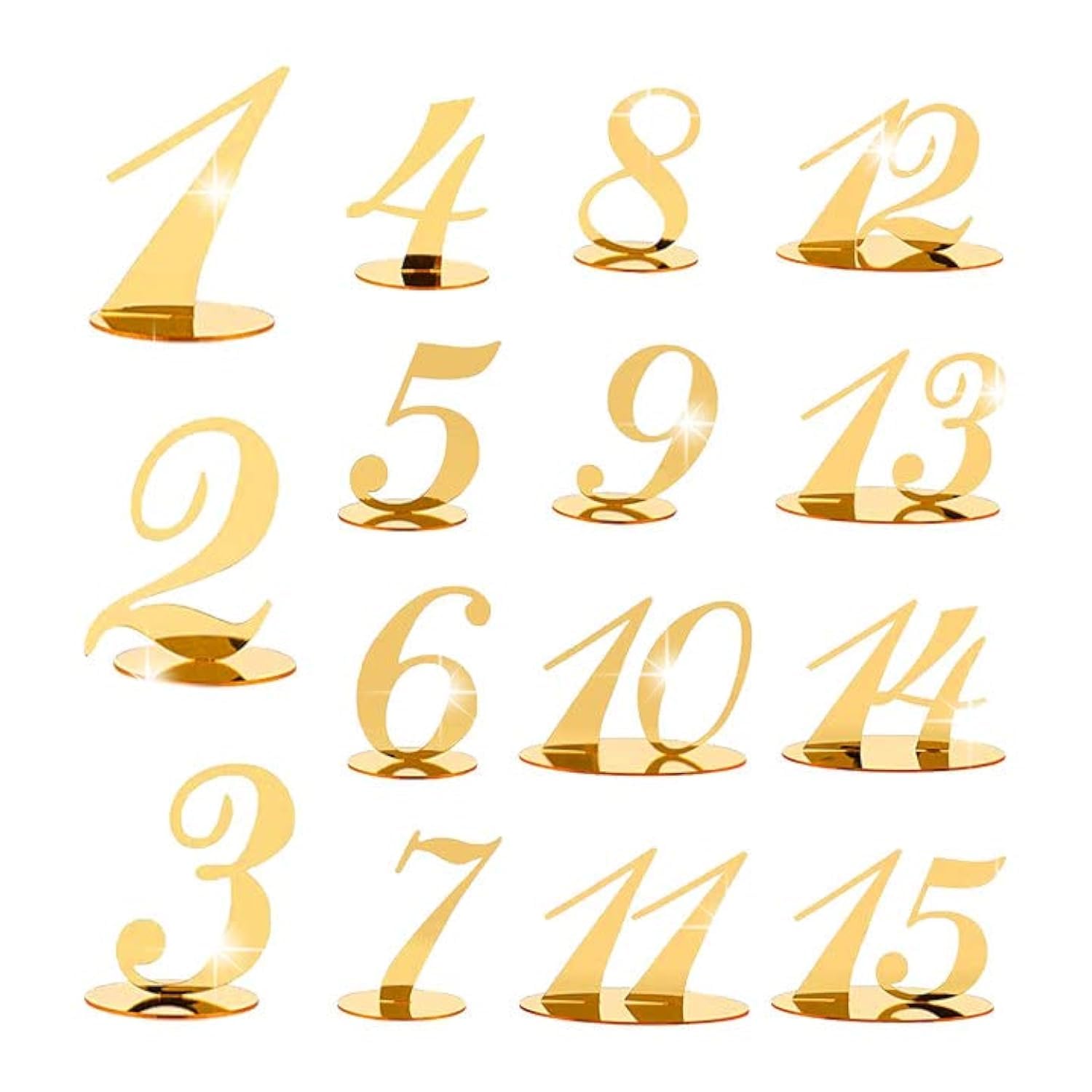 Wedding Table Numbers, Gold Mirror Acrylic Table Number Signs with Holder Base, Reception Table Numbers Elegant Table Numbers Cards for Wedding Party Event Catering Decor (1-15)