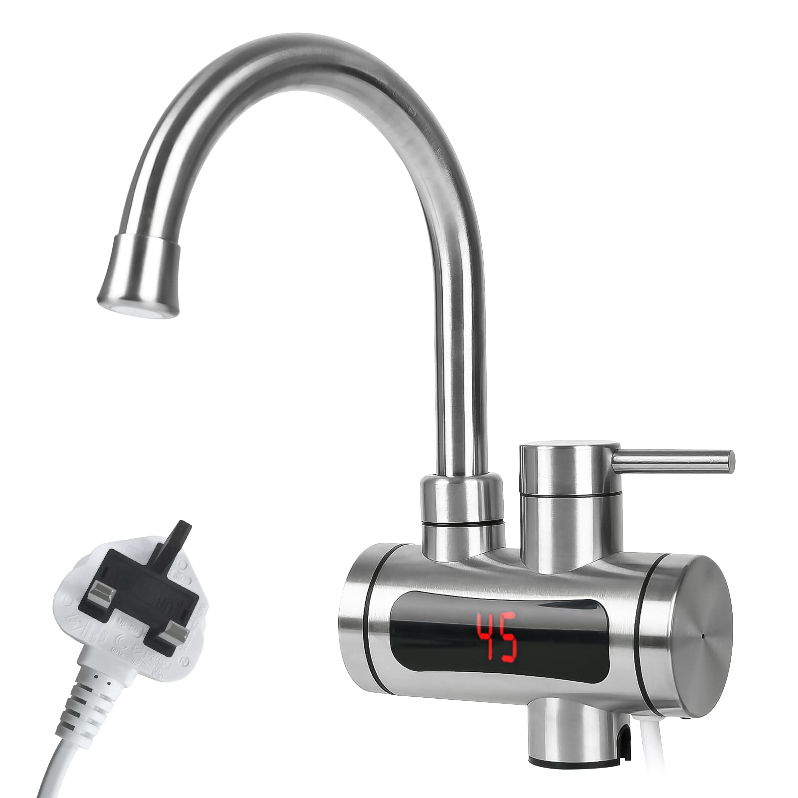 Instant Hot Water Heater 3000W, Fast Heating Tap Faucet 360°, Hot Water Tap with LED Display for Kitchen Bathroom, British Plug (Silver-A)