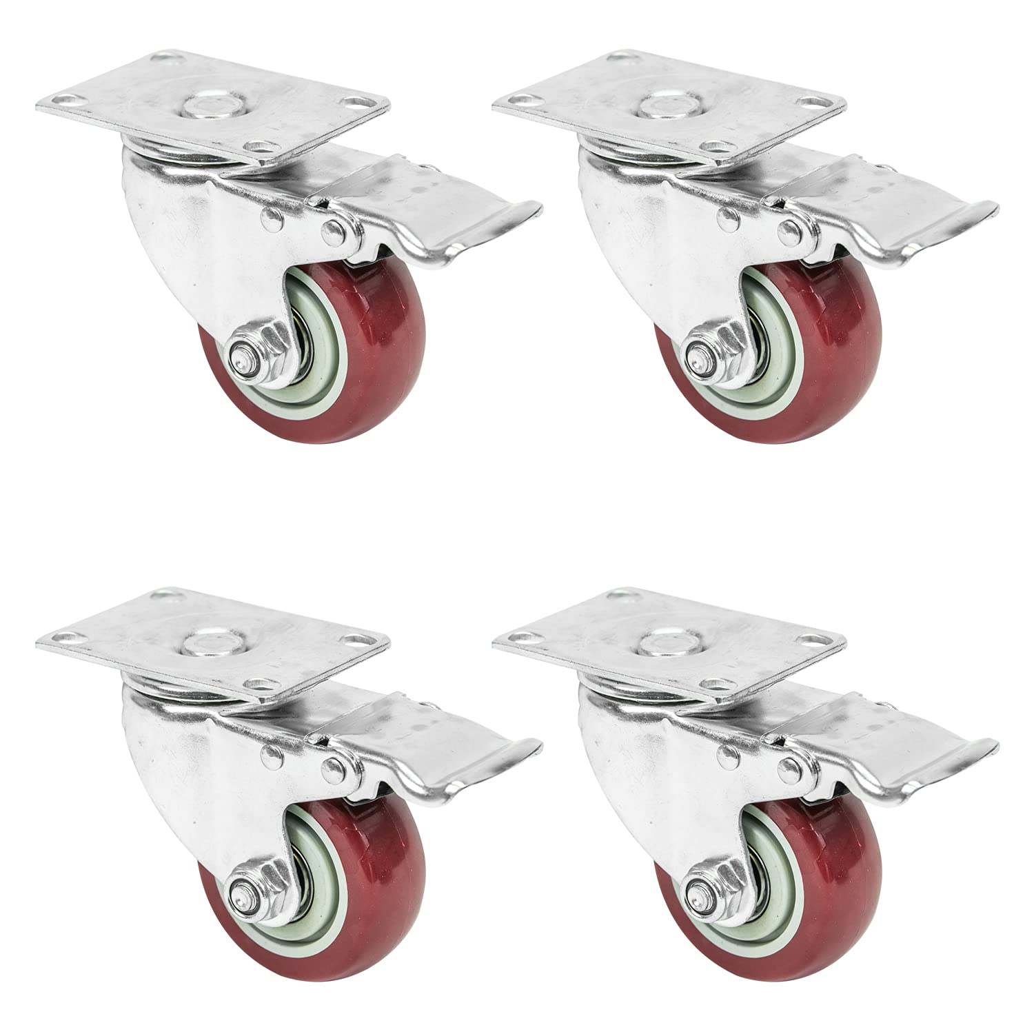 HMF 6710 Heavy Wheels with Polyurethane Brake | 4 Pieces | 75 mm | Up to 400 kg | Red