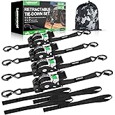 Retractable Ratchet Straps (4-Pack) - 1 Inch x 10 Feet (1,650lb Break Strength) - Heavy Duty Auto Self Retracting Tie Down Straps for Motorcycle, ATV, UTV, Truck, Cargo Trailer - Black