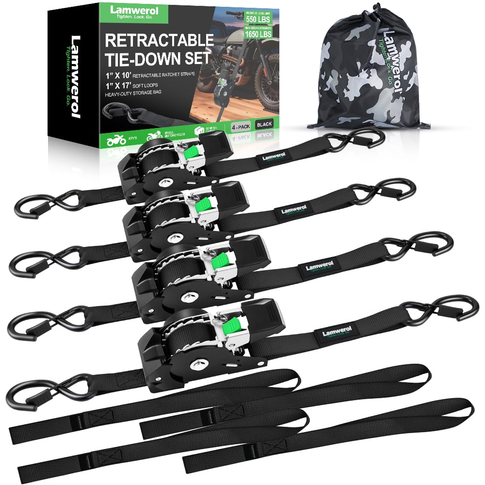 Photo 1 of ***MISSING ONE***
Retractable Ratchet Straps (4-Pack) - 1 Inch x 10 Feet (1,650lb Break Strength) - Heavy Duty Auto Self Retracting Tie Down Straps for Motorcycle, ATV, UTV, Truck, Cargo Trailer - Black