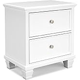 Signature Design by Ashley Fortman White Nightstand, 2 Drawer Storage, Hardwood Solids and MDF Construction, Traditional Wood Bedside Table, 25" W