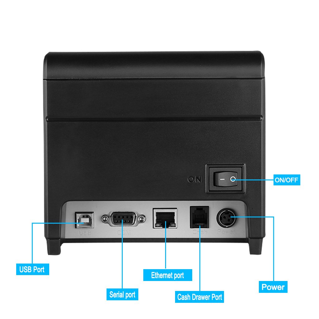 Imprimante Thermique de Reçu 300mm/s 80mm EXCELVAN AUTO-CUT USB COM Internet（100M）Ethernet Port série Andriod＆IOS Windows＆Linux Support Noir
