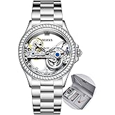 OLEVS Women Watch Skeleton Set Automatic Mechanical Silver Luxury Dress Waterproof Luminous Lady Watch Gift Set