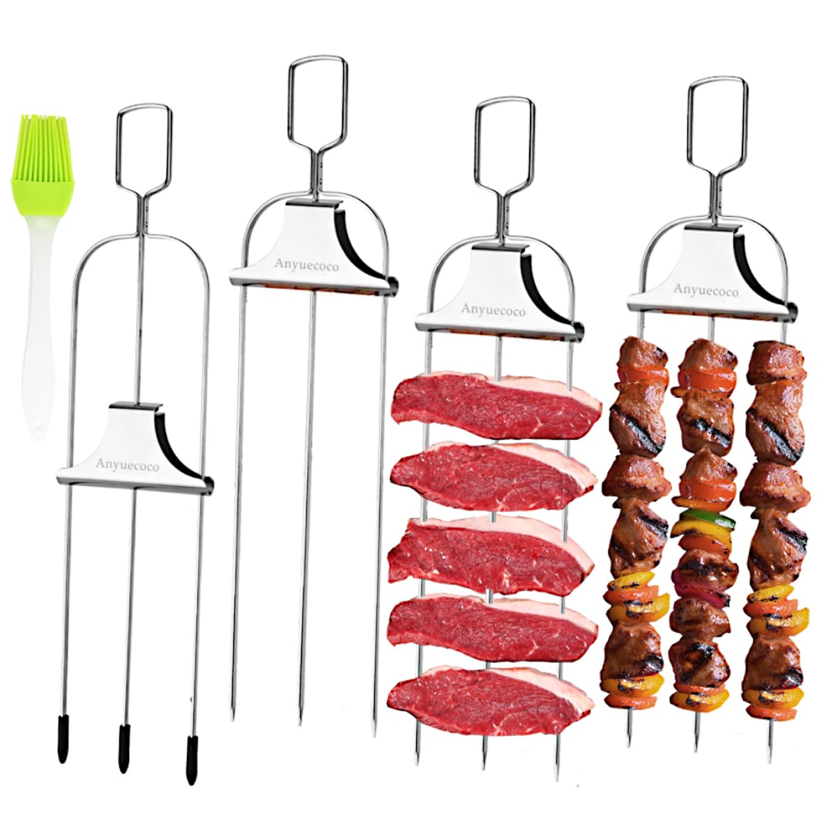Photo 1 of Anyuecoco Skewers for kabobs,4-PCS 14 Inch 3-Prong Kabob Skewers for Grilling,Stainless Steel Skewer,With Push Bar Reusable Metal Skewer,Kabob Sticks,Perfect For Meat,Chicken,Sausages,Veggies,shrimp