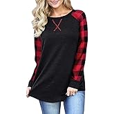 BAIKEA Womens Long Sleeve Buffalo Plaid Shirt Loose Fitting Patchwork Raglan Check Tops